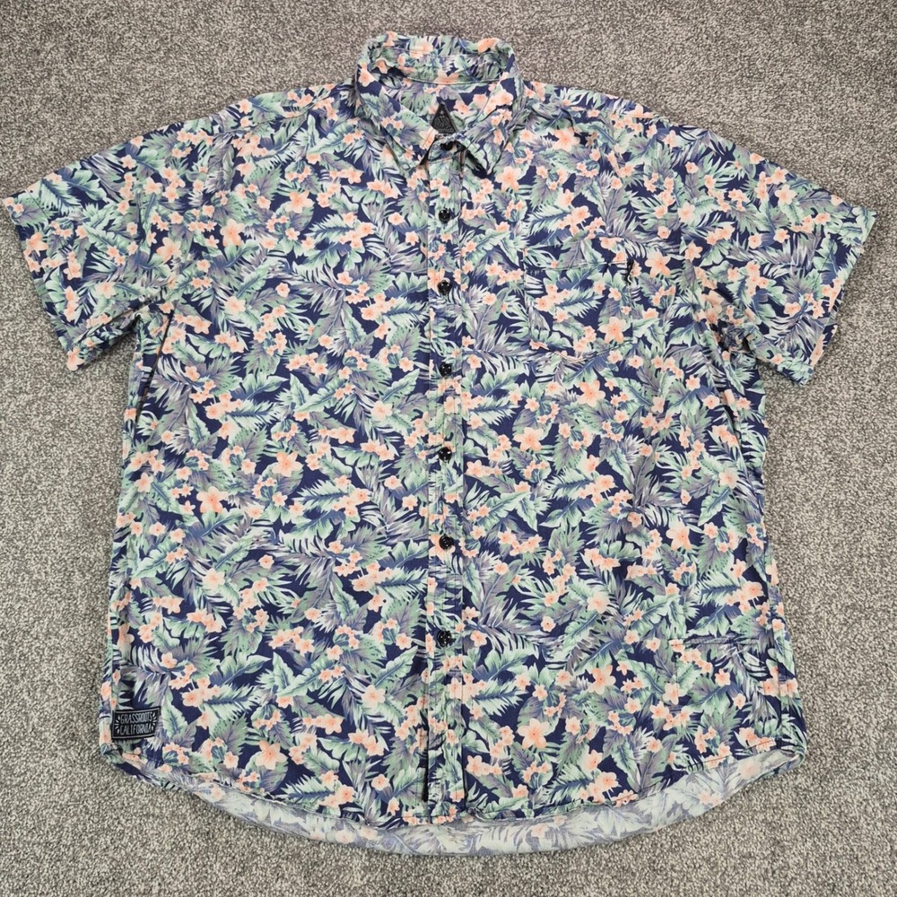 Grassroots California Button Up Shirt Mens Large Blue Tropical Floral Hibiscus